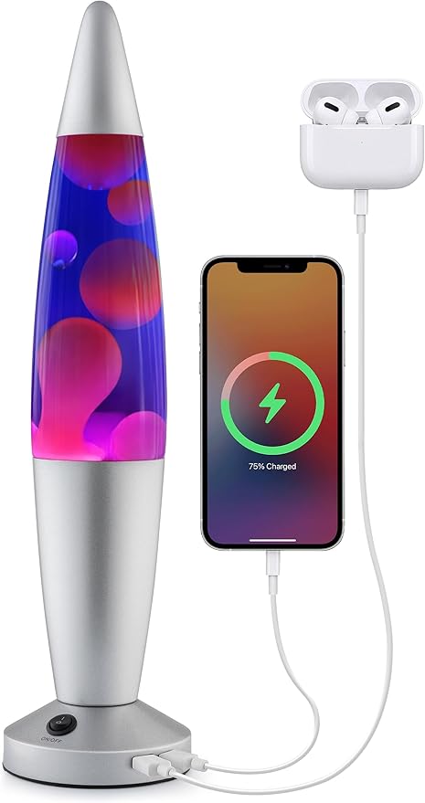 JAMBO Beautiful Liquid Lamp with USB Ports, 16" Motion Light with Blue Liquid Purple Wax, Relaxing Nightlight, Mood Light for Bedroom, Living Room, Office - Adults, Teens, Kids