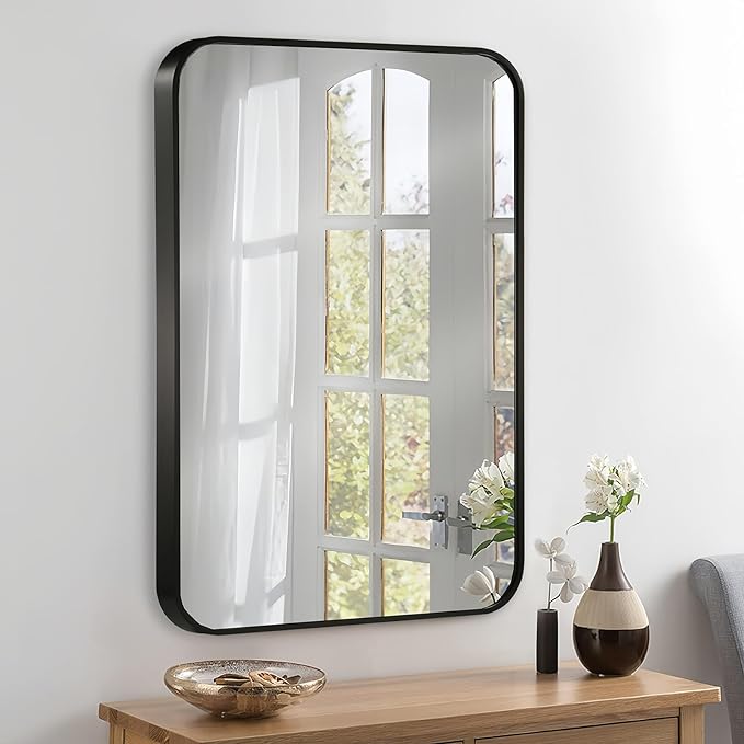 22x30 Inch Black Wall Mirror for Bathroom, Brushed Metal Framed Mirror