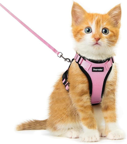 Dooradar Cat Harness and Leash Set, Escape Proof Safe Adjustable Kitten Vest Harnesses for Walking, Easy Control Soft Breathable Mesh Jacket with Reflective Strips for Cats, Pink, XXS