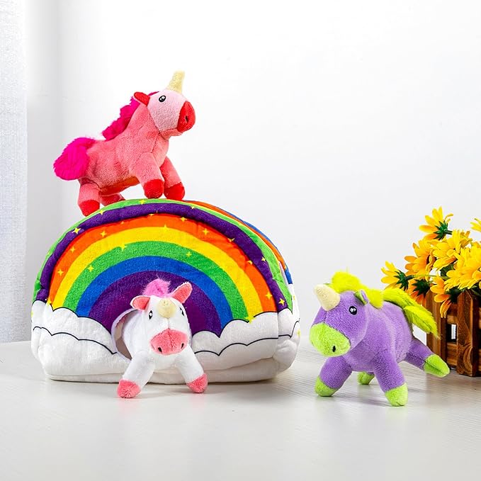 Hollypet Hide and Seek Squeaky Dog Toy, Designed Interactive Puzzle Plush Stuffed Puppy Toys, Unicorn