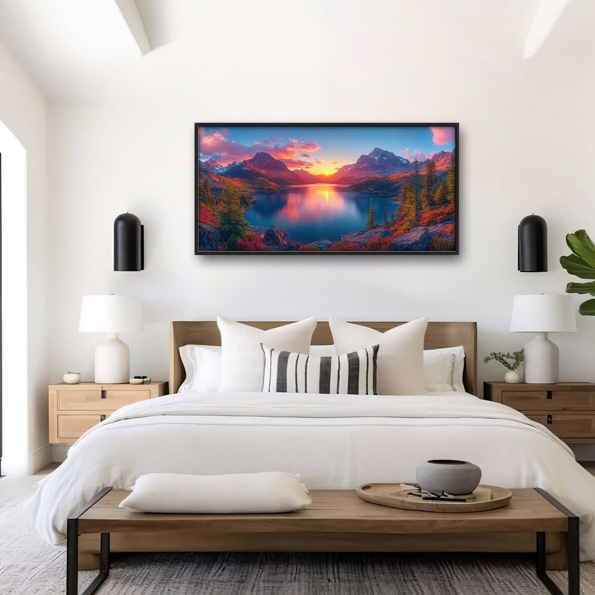 Large Lake Mountain Landscape Wall Art for Living Room, Nature Sunrise Canvas Oversized Wall Decor, River Forest Scenery Framed Pictures Painting Print Artwork for Bedroom Office 60"L x 30"W