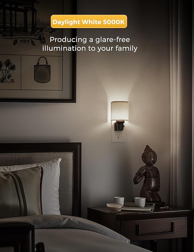 L LOHAS LED Bright Night Lights Plug into Wall, Plug in Night Light Dimmable, Daylight White, Decorative Nightlights Plug in Wall, Light Sensor, Linen Fabric Nightlight for Hallway Kitchen, 1 Pack