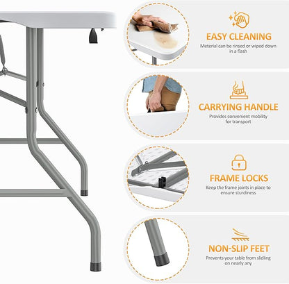 Fenbeli Upgraded 18% Thickened Folding Table 6ft Made of HDPE Plastic, Heavy Duty (25lb), Stable Thicker Legs, Dining Indoor Outdoor for Camping, Picnic and Party, White