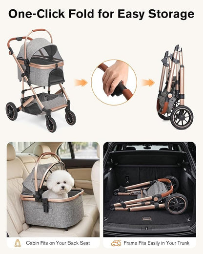 Pet Stroller with Detachable Carrier, Shock-Absorbing & Foldable | Dog & Cat Stroller for Small/Medium Pets, Convertible Car Seat, 4-Wheel Smooth Ride, Travel Carrier