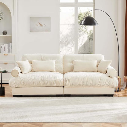93.7” Loveseat Sofa, 2 Seater Modular Sectional Sofa, Beige White Large Sectional Couches for Living Room, Fluffy Couch Set, Love Seat, Velvet Cloud Couch with 4 Pillows, Deep Seat for Living Room