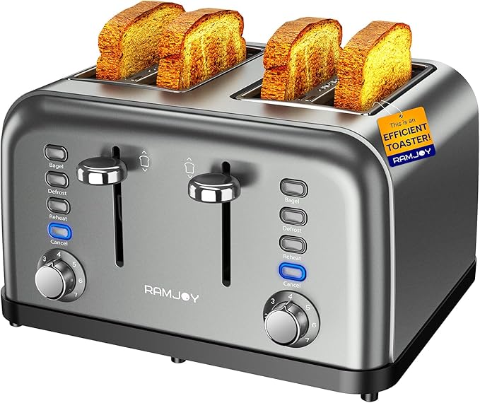 Grey Toaster 4 Slice, Dual Independent Controls, Extra Wide Slot Toasters