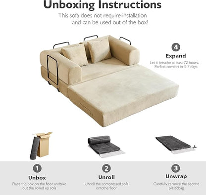 59 Inch 5-in-1 Convertible Sofa Bed, Corduroy Boneless Floor Couch with Fixed Frame & Pillow, Modular Folding Mattress Lounger for Small Space, Living Room, Bedroom - Easy Assembly(Beige)