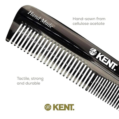 Kent R7T Black Graphite Double Tooth Hair Pocket Comb, Small Fine/Wide Tooth Comb For Grooming Styling Hair, Beard and Mustache, for Men, Women and Kids. Saw Cut and Hand Polished. Handmade in England