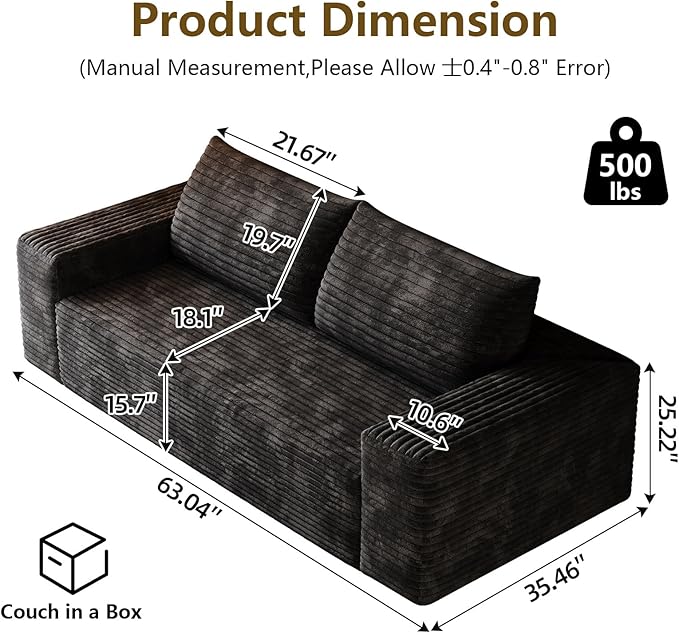63" Boneless Loveseat Sofa - Cloud Couch with Memory Foam, Comfy Deep Seat - Corduroy Floor Sofa, No Assembly Required - Small Space Friendly for Living Room, Bedroom, Apartment, Black
