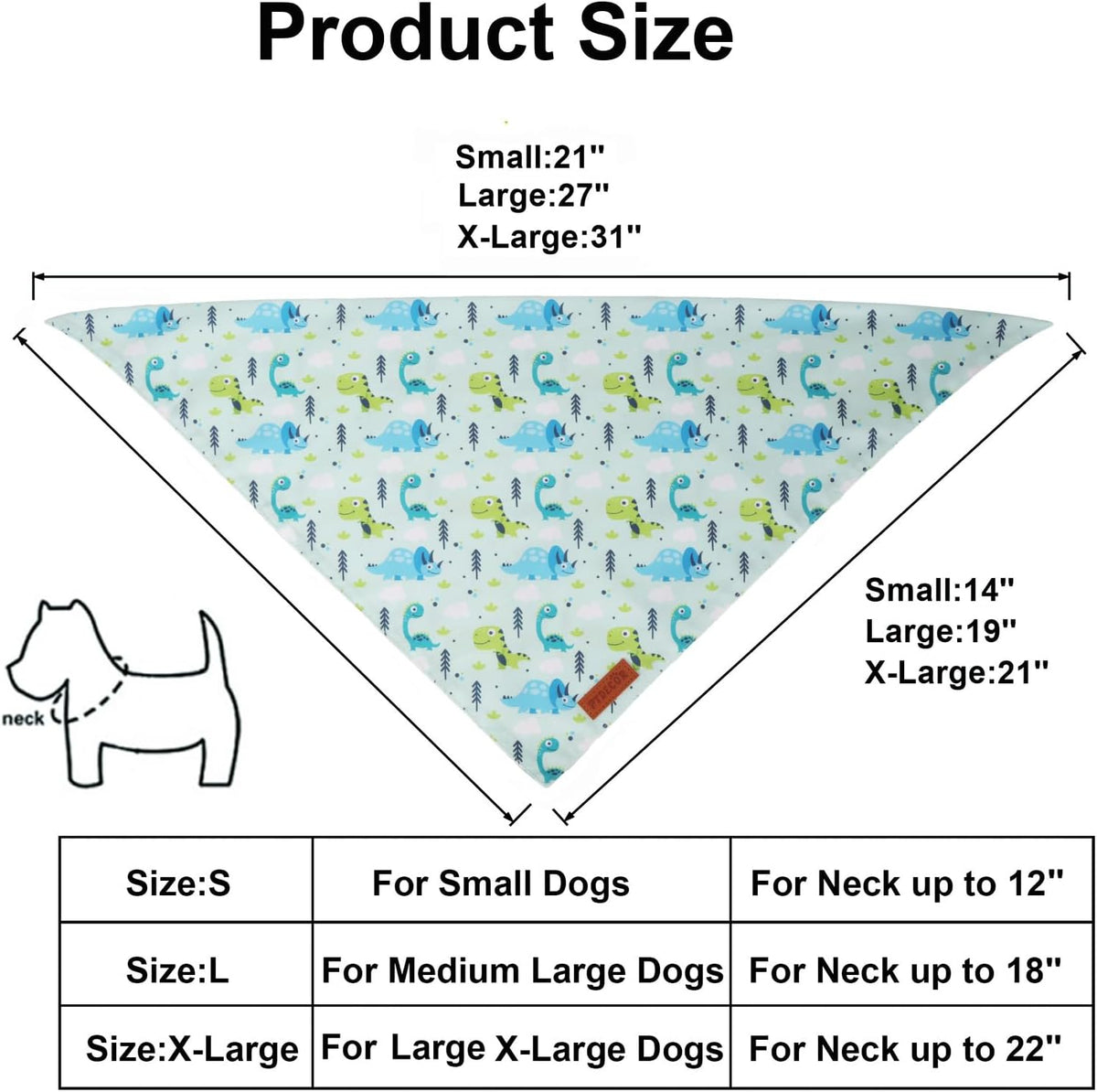 PTDECOR Dinosaurs Dog Bandana, Dinosaurs Design Reversible Pet Scarf Bib, Premium Durable Fabric, Adjustable White Green Bandanas for Small Dogs Puppies Cats(Small)