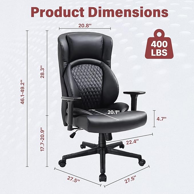CLATINA Big & Tall Executive Managerial Chair, Heavy Duty Ergonomic Leather Office Desk Chair, High Back Computer Task Chair with 3D Adjustable Arms and Lumbar Support for Home Office, Black, 400LBS