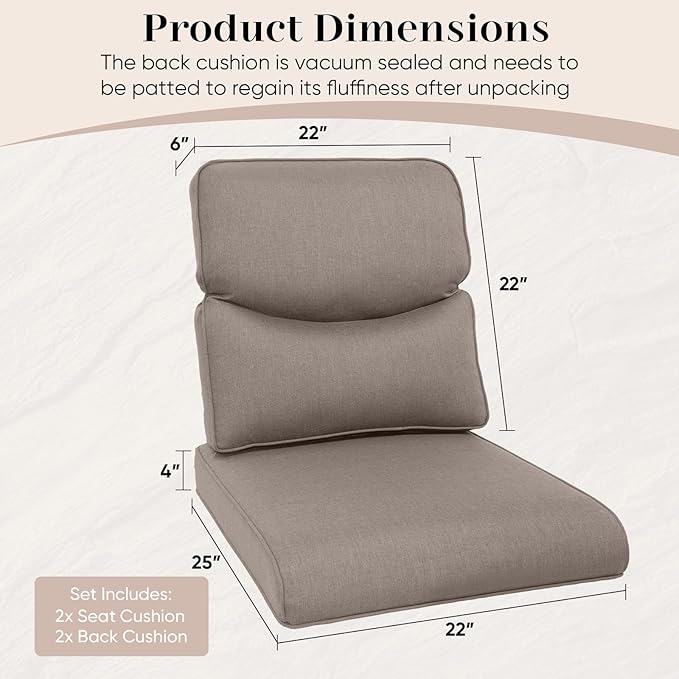 Outdoor Chair Cushions Set of 2-22 x 25 Inch Fade Resistant Patio Chair Cushions Outdoor Seat Cushions for Patio Furniture Chair Sofa Couch-Grey