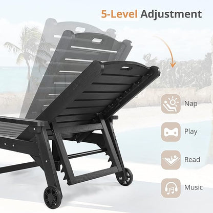 LUE BONA Chaise Lounge Chair with Table, 6-Piece, HDPS Chaise Lounger, 5 Positions Adjustable Lounge Chairs, Pool Lounge Chair with Wheels for Poolside, Backyard, Black