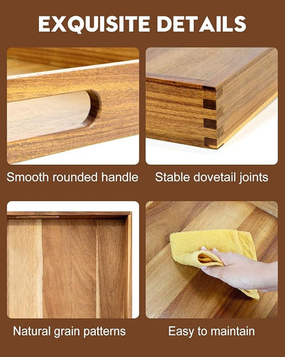 22 Inches Square Acacia Wood Ottoman Tray, Extra Large Wooden Serving Tray with Handles for Living Room, Serving Food Breakfast, Ottoman Coffee Table Couch Sofa Kitchen