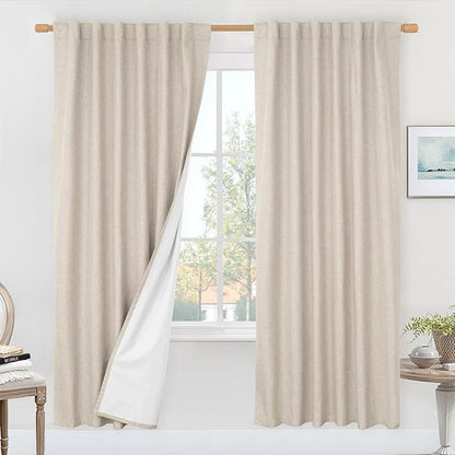 LAMIT 100% Blackout Oatmeal Linen Curtains, 80 Inches Linen Textured Thermal