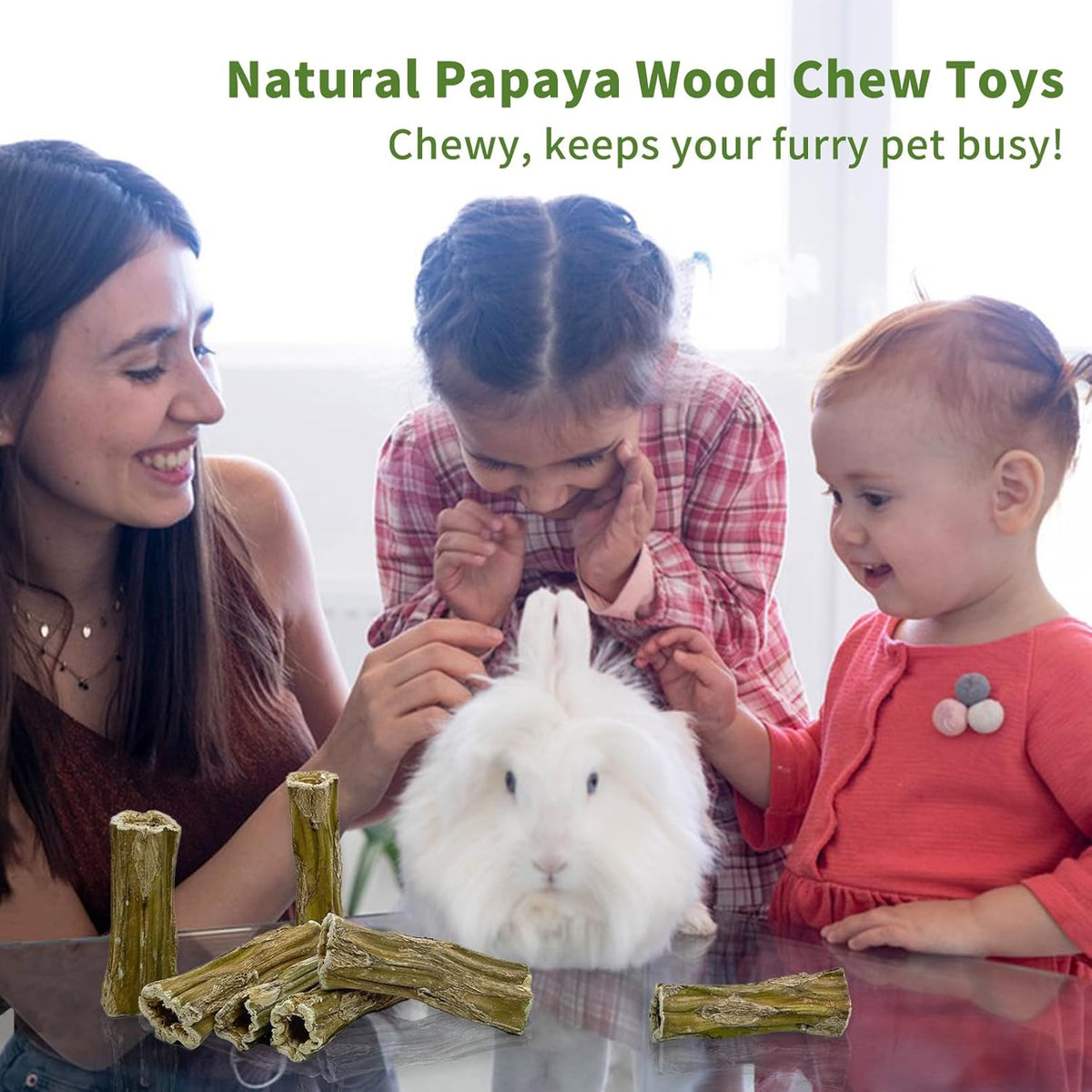 Fhiny Rabbit Chew Toys, 6 PCS 3.9" Natural Papaya Wood Chew Sticks Guinea Pig Treats for Dental Care Bunny Treats for Rabbits Small Pet Molar Snacks for Bunny Guinea Pig Chinchilla Hamster Gerbil