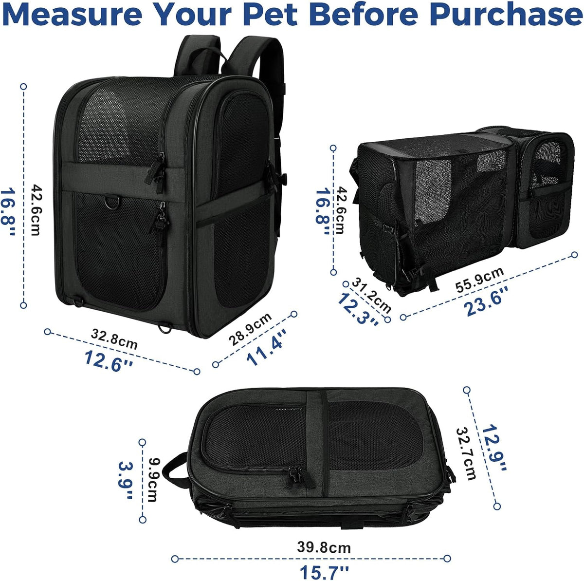 Apollo Walker Pet Carrier Backpack for Large/Small Cats and Dogs, Puppies, Safety Features and Cushion Back Support for Travel, Hiking, Outdoor Use (Black-Expandable)
