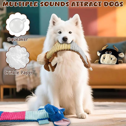3 Pack No Stuffing Dog Squeaky Toys, Dog Chew Toys with Crinkle and Squeaker, Cute Animal PlushToys to Keep Them Busy, Suitable for Large, Medium and Small Breeds （Elephant&Monkey&Cattle