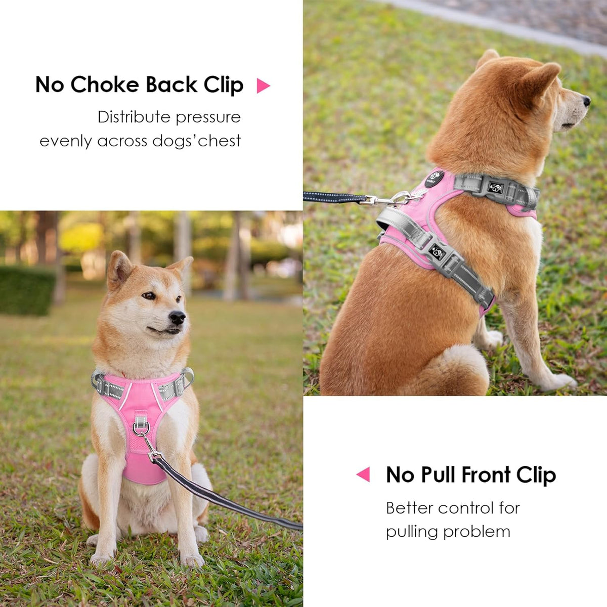 PHOEPET No Pull Dog Harness, Unique Colors Reflective Adjustable Dog Vest, with Soft Training Handle Metal Clips for Small Medium Large Dogs (Baby Pink Base & Grey Straps,L)