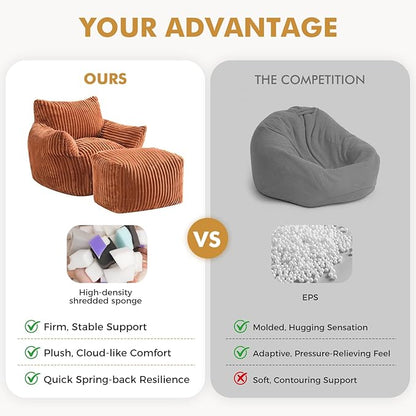 JULY'S SONG Bean Bag Chair with Ottoman for Adults, Fluffy Orange Lazy Couch Sofa Chair with Armrests for Living Room, Bedroom & Dorm