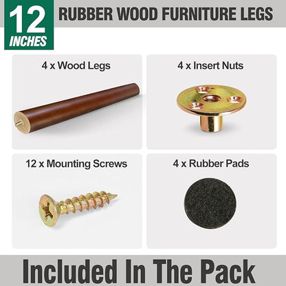 FoDau770 Brown Rubber Wood Furniture Legs 12 Inches, Slant Tapered Wood Feet Mid Century Sofa Legs Set of 4, 5/16" UNC Furniture Feet Replacement Parts for Cabinet Couch Dresser Chair Ottoman Table