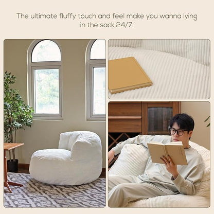 N&V Large Crescent Bean Bag Chair, Adult Size Bean Bag Sack, Foam Filling, Soft Premium Corduroy Bean Bag for Living Room Bedroom Dorm and Office (Brown Sugar)