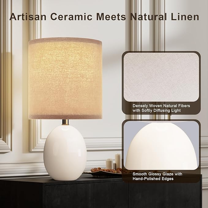 17.3" Table Lamp Set of 2 for Living Room Bedroom, Bedside Lamps for Night Stands, Desk Nightstand Lamp Dimmable, Modern Linen White Ceramic Lamps (White)