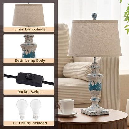 23" Farmhouse Table Lamps Set of 2, 3 Way Dimmable Lamps with 2 LED Bulbs and Rocker Switch, Vintage Nightstand Lamp for Bedroom Living Room Office End Table Entryway, Washed Blue