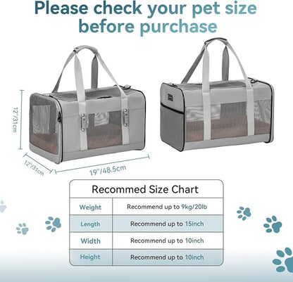 Petsfit Travel Pet Carrier for Large Cats (up to 20 lbs), Soft-Sided Dog Car Travel Carrier with Patented Buckle and Soft Padding, Ideal for Car Road Trips,19X12X12 Inch,Grey