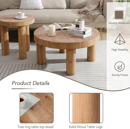 RUSTOWN 2-Piece Round Farmhouse Coffee Table, Rustic Coffee Table Sets, Circle Wooden Ring Finish with Solid Wood Legs, Center Tables Set for Living Room (Natural)
