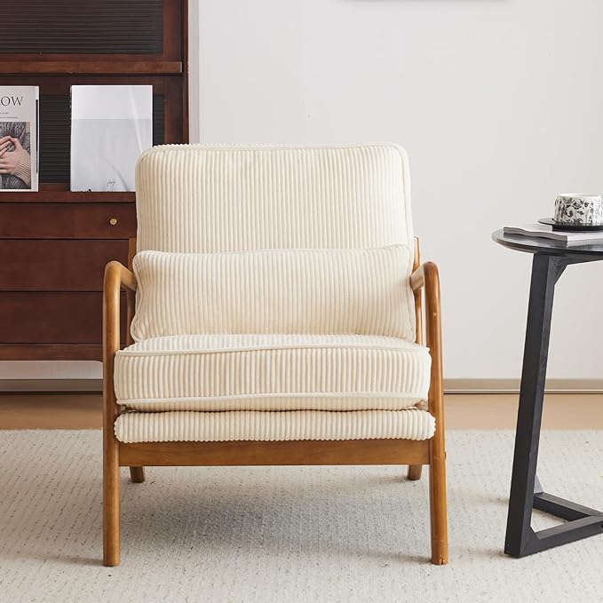 Karl home Mid-Century Modern Accent Chair, Living Room Chairs with Pillow Corduroy Upholstered Lounge Armchair with Solid Wood Frame & Soft Cushion for Bedroom, Reading Room, Beige
