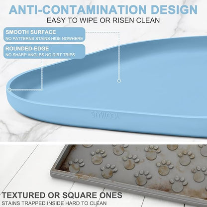 SMILOOL Waterproof Silicone Pet Food Mat with Raised Edge for Dog & Cat | 22" x 14" Non-Slip Pet Feeding Mats with Lip for Food & Water Bowl, Food Grade, Easy Cleaning, Light Blue
