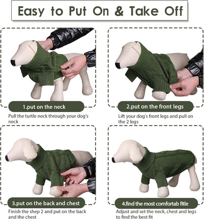 Queenmore Small Dog Pullover Sweater, Cold Weather Cable Knitwear, Classic Turtleneck Thick Warm Clothes for Chihuahua, Bulldog, Dachshund, Pug (Army Green, X-Small)