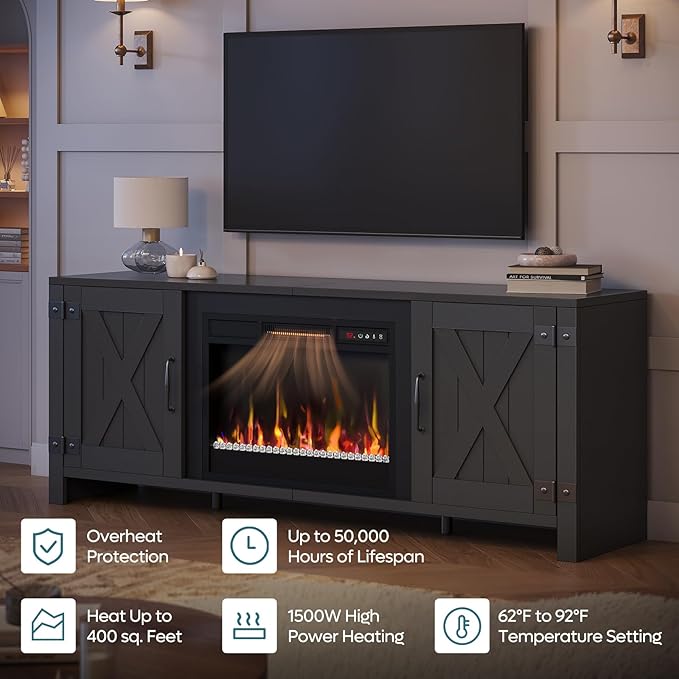 Bestier 63" Fireplace TV Stand for TVs Up to 70", Farmhouse Barn Door