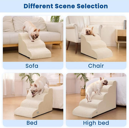 Dog Stairs for High Beds 22.4" H,5-Step Pet Ramp for Small & Medium Dogs | Airpanda Dog Steps with Washable Cover & High-Density Foam,Gentle Curved Design,Ideal for Senior & Short-Legged Dogs,Beige