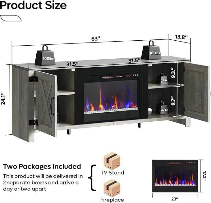 Bestier 63" Fireplace TV Stand for TVs Up to 70", Farmhouse Barn Door