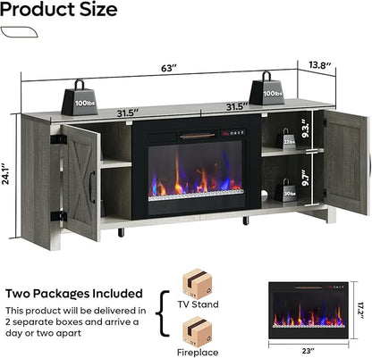 Bestier 63" Fireplace TV Stand for TVs Up to 70", Farmhouse Barn Door
