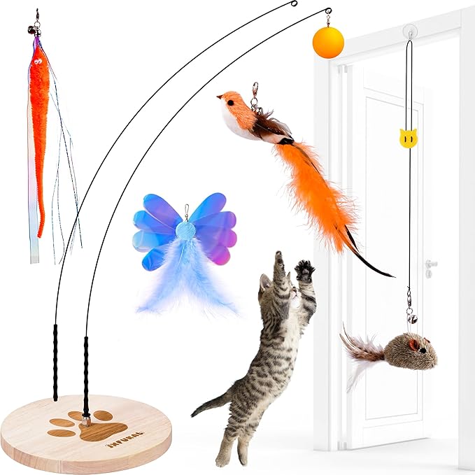 JXFUKAL Interactive cat Toy, Automatic Cat Wand Toy with Stable Wooden Base, 2 PCS Detachable Cat Teaser, 5PCS Refills Replacement & Hanging Cat Toy, Kitty Kitten Toys Cat Feather Spring String Toy