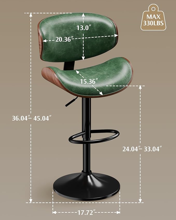 Aowos Bar Stools, Adjustable Swivel Leather Bar Stools for Kitchen Island, Mid Century Modern Counter Height Bar Chairs Barstools with Back & Footrest (Green 1PCS)