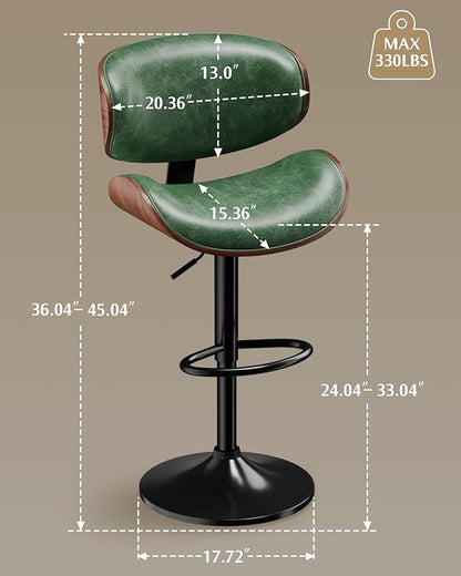 Aowos Bar Stools, Adjustable Swivel Leather Bar Stools for Kitchen Island, Mid Century Modern Counter Height Bar Chairs Barstools with Back & Footrest (Green 1PCS)