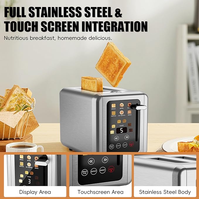 2 Slice Toaster, Touchscreen & Dual Independent Control Panel, 5 Basic