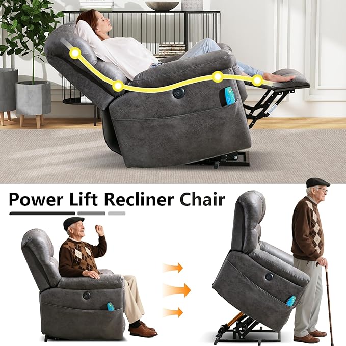 Large Power Lift Recliner Set of 2 with Massage and Heat for Elderly, Faux Leather Electric Lifting Recliners with USB Port, Oversized Reclining Sofa Chair for Living Room, Grey