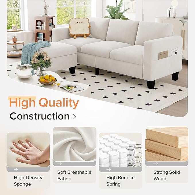Sectional Sofa Couches for Living Room - 78''Convertible Modular Three-Seater L-Shaped Pet-Friendly Couch,Washable Sofa Cover-Bench Storage, Suitable for Small Living Room, Apartment,Office-White
