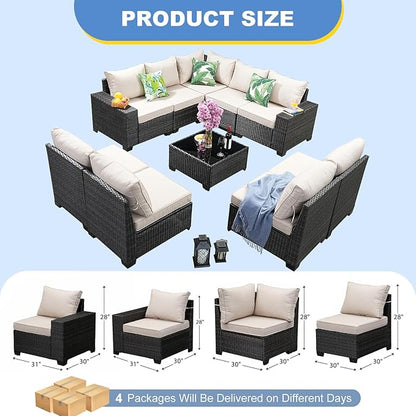 SunloungeCo Patio Furniture Set, 10 Pieces Outdoor Couch Sofa with Wider Armrests & Glass Coffee Table, Outdoor Sectional Furniture with Thick Cushions for Party, Poolside,Garden-Beige