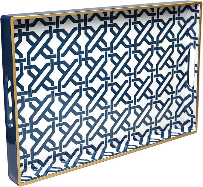 Spsyrine White Serving Tray, Plastic Marbling Tray for Coffee Table, Stylish Rectangular Decorative Tray with Handles, Ottoman Tray for Living Room, Bathroom, 15.6” X 10.2"