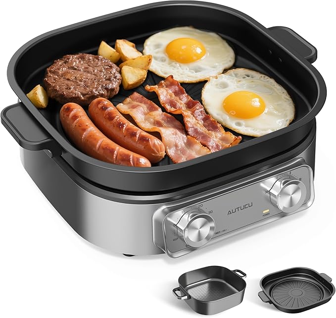 6-Quart Electric Skillet with Grill | Non-Stick PFOA-Free Ceramic-Coated Pot