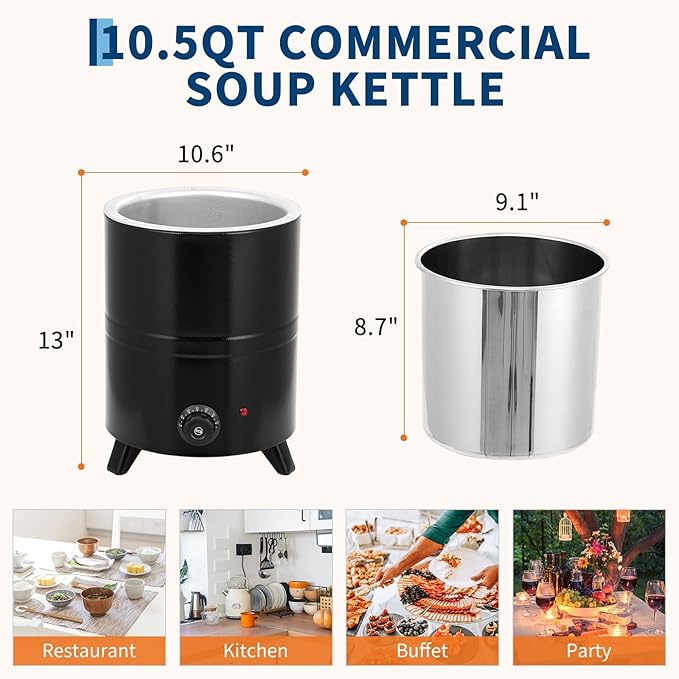 Commercial Electric Soup Kettle Warmer – 10L/11Qt Stainless Steel Pot