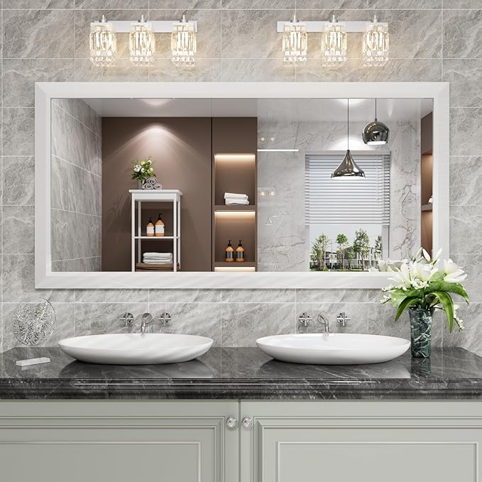 Amorho Bathroom Mirror, 60 X30 Inch White Thick Metal Framed Wall Mirrors