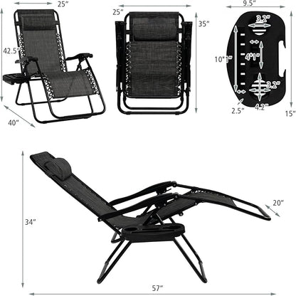Tangkula Set of 2 Zero Gravity Chair, Folding Patio Lounge Chair Adjustable Outdoor Recliner with Cup Holder, Wide Armrest for Patio Garden Poolside Outdoor Yard Beach, Support 350 lbs (2, Grey)