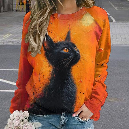 Long Sleeve Shirts for Women Cat Oil Painting Shirt 3D Graphic Sweatshirts Fall Pullover Crewneck Vintage Boho Tops